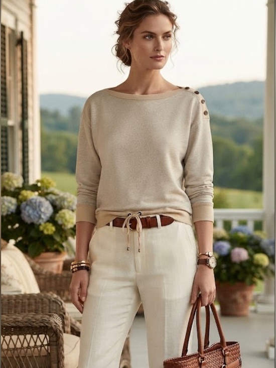 Ralph Lauren Tops - Ralph Lauren Beige French Terry Sweatshirt LRL Shoulder Buttons Drawstring Hem